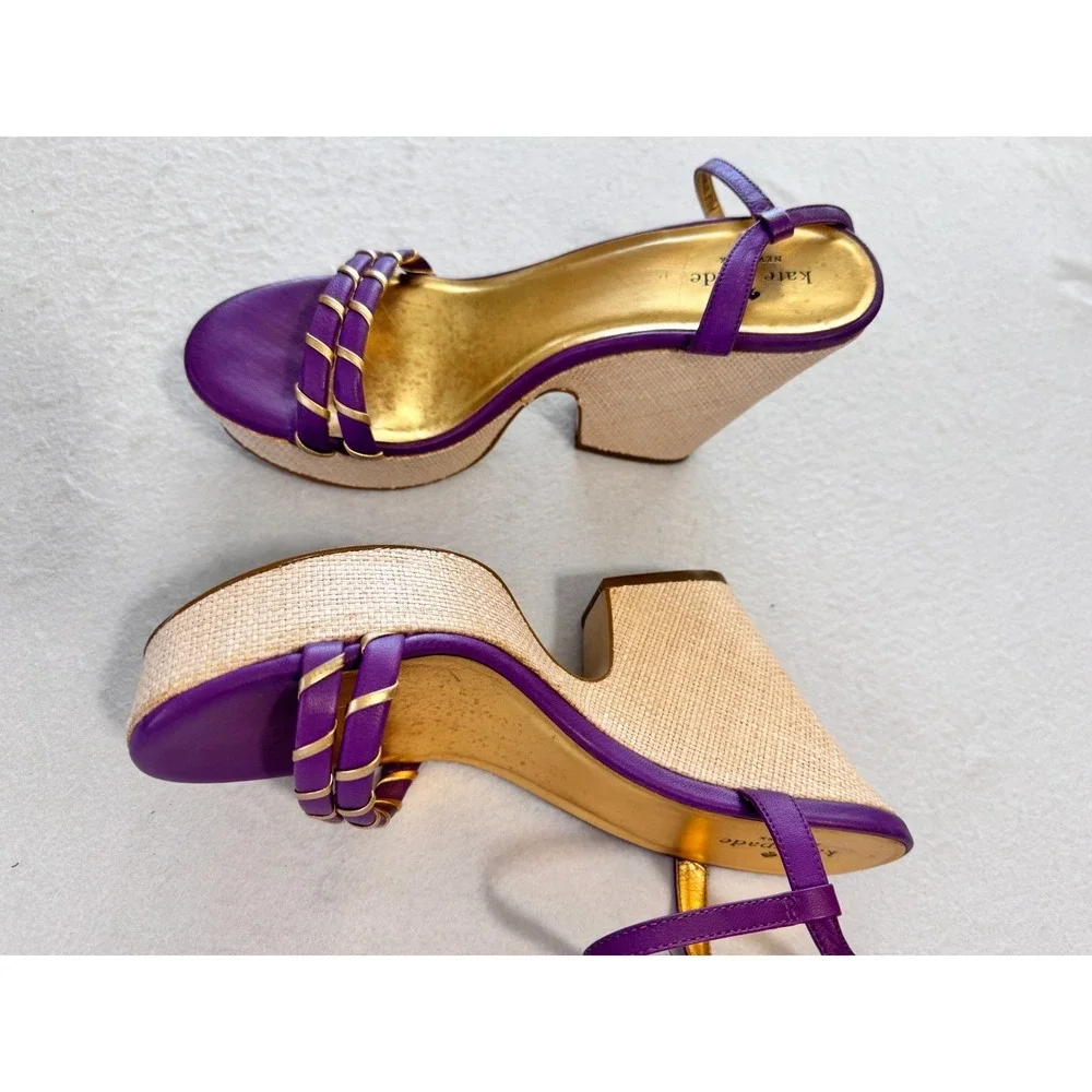 Kate Spade Alice Purple Gold Leather Wedge Espadrille Platform Sandals 8.5 Women